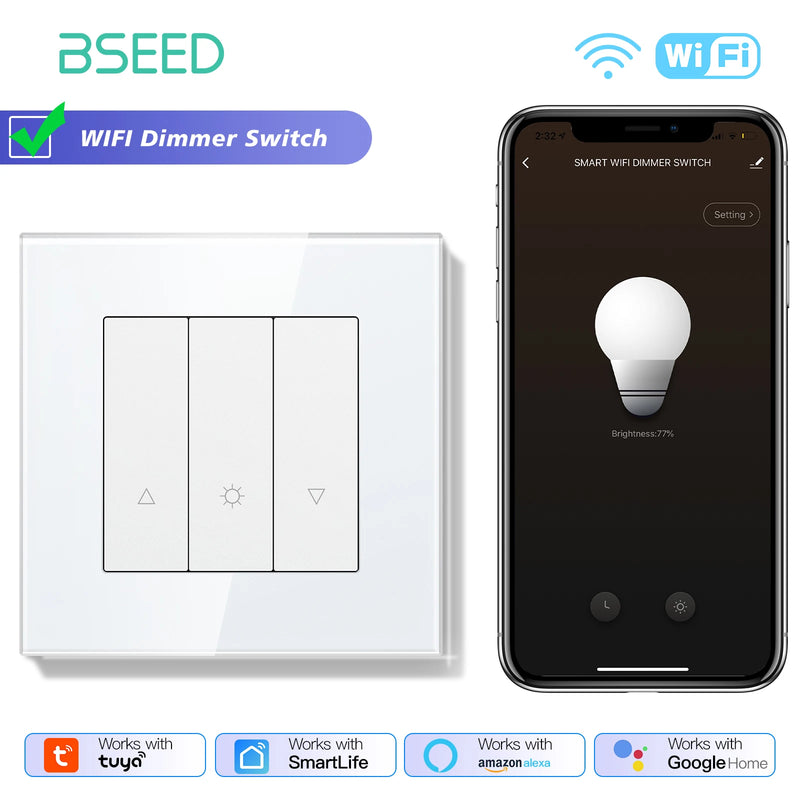 BSEED WIFI Dimmer Switch 1/2/3/4Gang Smart Click Button Switch Glass Panel White LED Indicator Tuya Smart Life Alexa Control