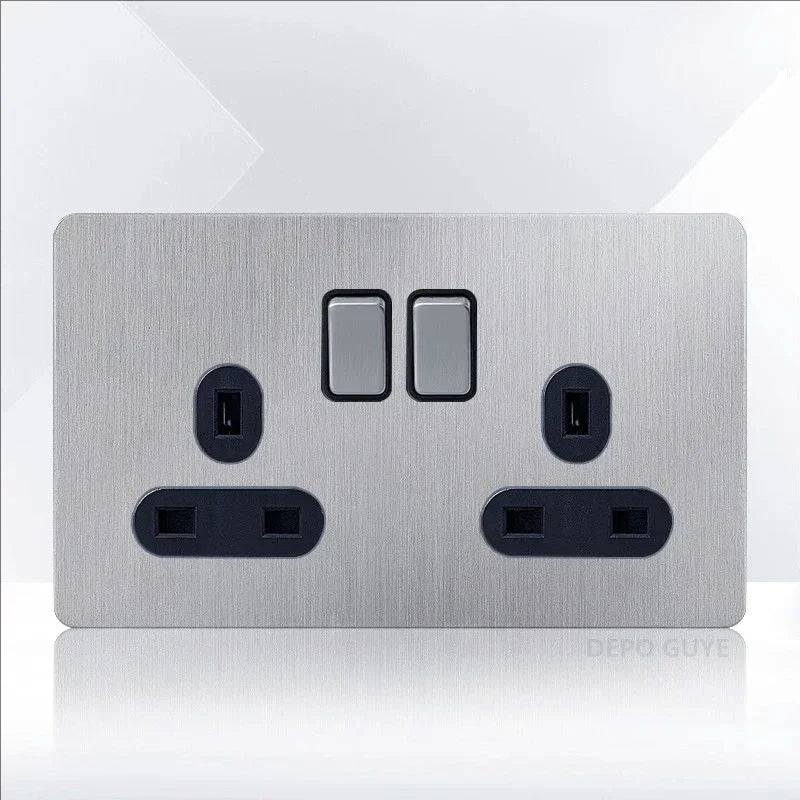 Retro EU France Socket Stainless Steel Brushed Double Power Outlet Toggle Metal Lever 1-4 Gang 2Way Wall Light Switch Panel RJ45