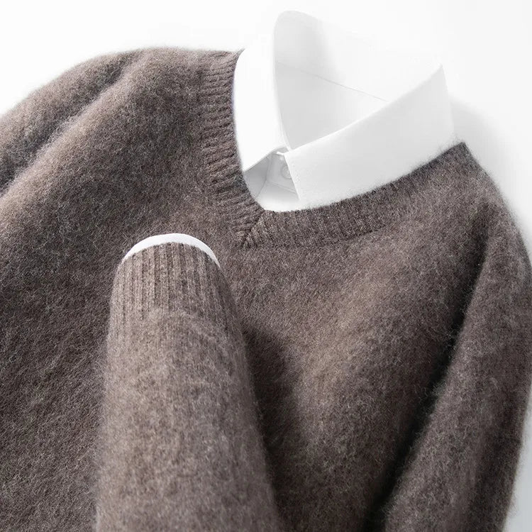 4% Cashmere 96% Wool V-Neck Sweater |  300g Brushed Wool Sweater, Old Money Style Comfortable and Warm Pullover