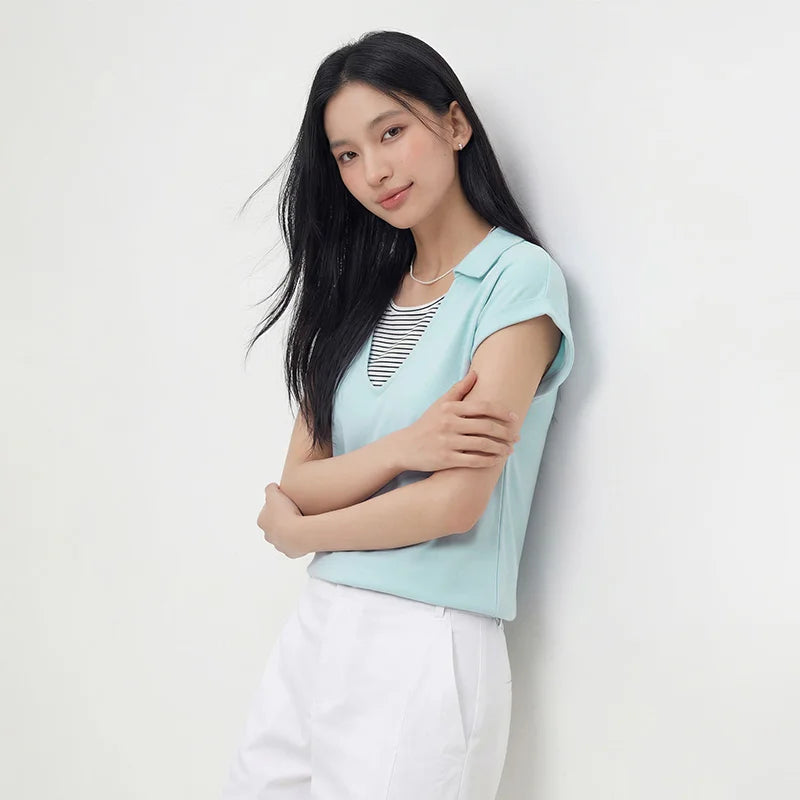 Semir Womens Polo 2026 Short Striped Patchwork Fake Two Piece Ruffle Loose Raglan Sleeve Casual Soft