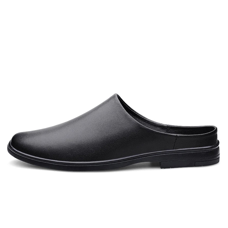 Summer Fashion Half Shoes Men Casual Comfortable Leather Shoes Half Slippers Solid White Slip On