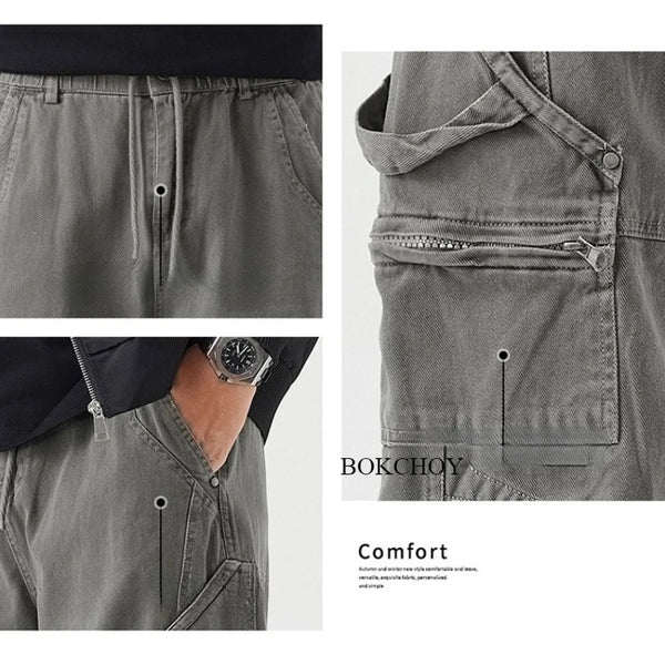 Autumn New Straight Cargo Multi-pockets 100% Cotton Pants for Men Clothing Drawstring Comfort Male Trouser GF258117