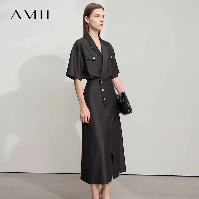Amii Straight Dress Denim Women 2025 Summer Simple Short Sleeve Office Lady Jean Flip Neck Draped Cool Shirt Dress 12542067