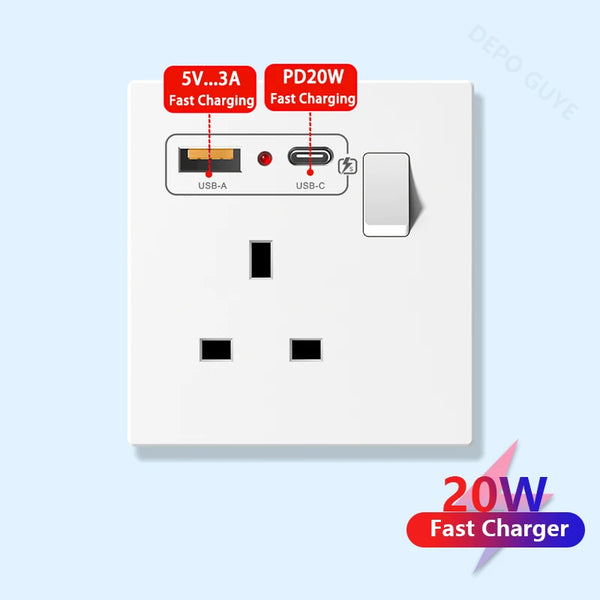 រន្ធសាកលឿនប្រភេទ C ជាសកល 20W, ប៊ូតុងបញ្ជាពីរសម្រាប់រន្ធដោតភ្លើងជាសកល, រន្ធដោតចំណុចប្រទាក់ USB ស្តង់ដារចក្រភពអង់គ្លេសពណ៌ស