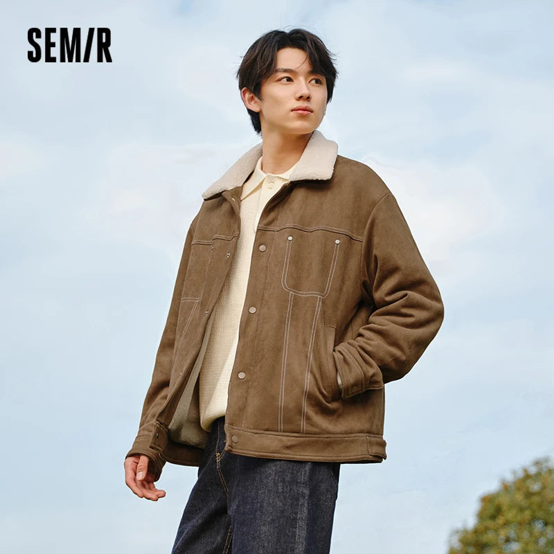 Semir Faux Suede Jacket Collar Fleece Lined Men 2025 Winter Vintage Style Workwear Loose Fit Warm Casual Outerwear Coat