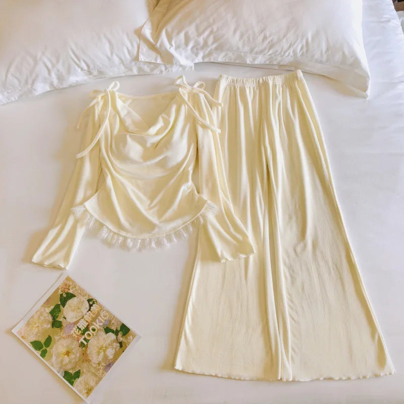 Korean Women Winter Sleepwear Set New Chest Pad Top Pant Suit Lounge Home Pajama Island Velvet Sleeping Clothes Pyjamas Femme