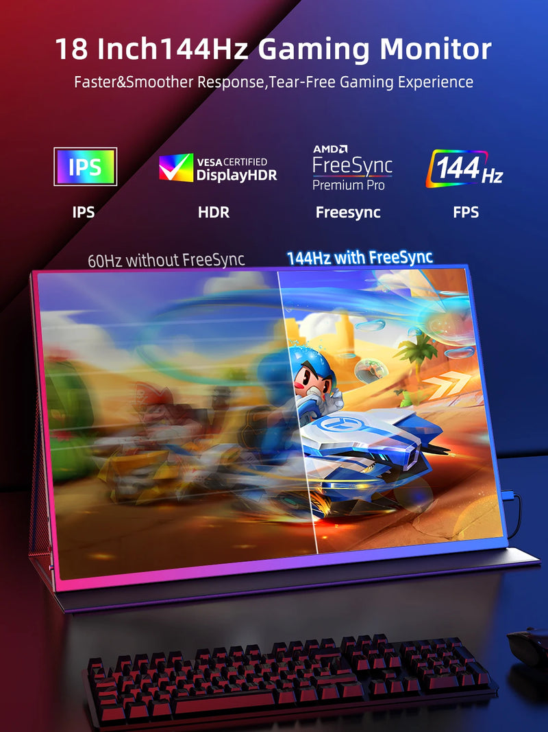UPERFECT Portable Monitor 18 Inch 2.5K 100% DCI-P3 144Hz Gaming Display IPS LCD Panel Matte Mobile Screen FreeSync HDR With VESA