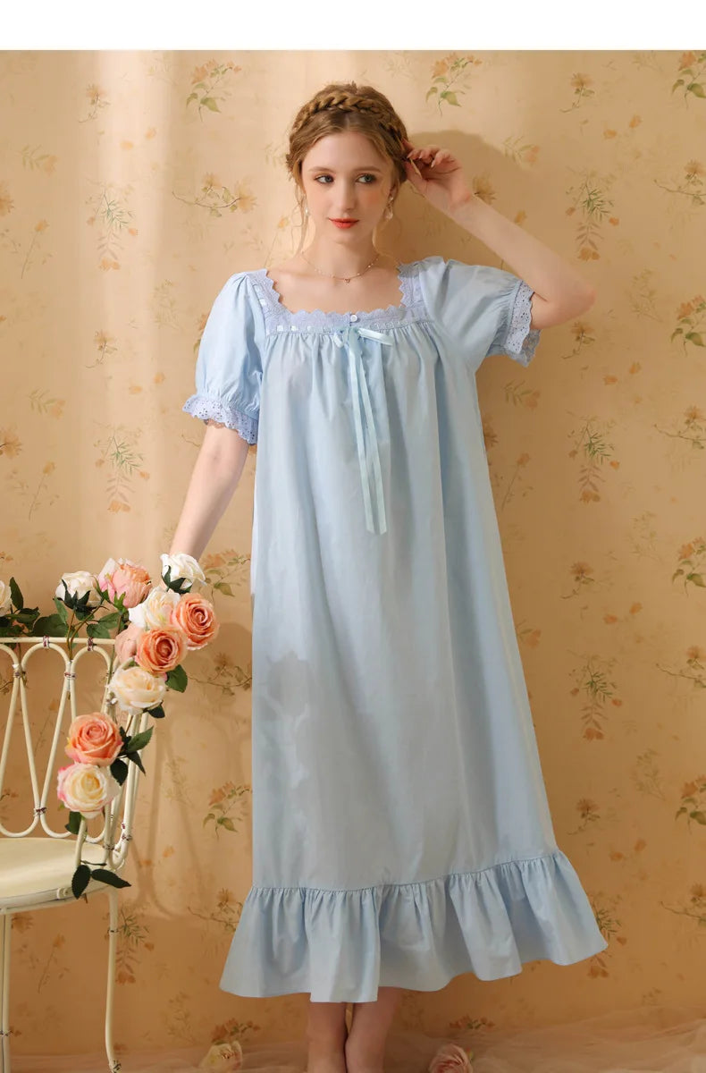 Princess Women Sleepwear One Piece Dress Summer Short Sleeve Pure Cotton Pajamas Dress Night Wear For Ladies Women's Nightgown