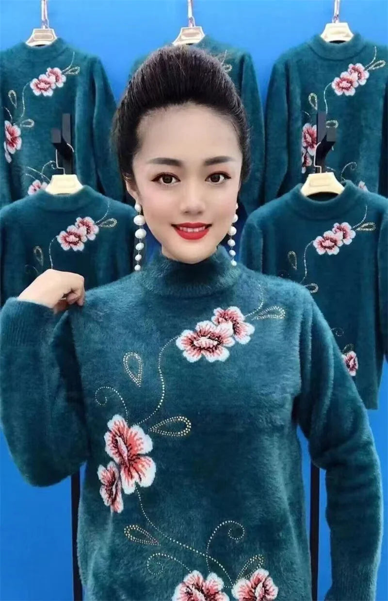 Printed New Knit Cashmere Sweater For Woman Pull Jumper Turtleneck Warm Mother Pullover Top Thicken Knitting Women's Clothing