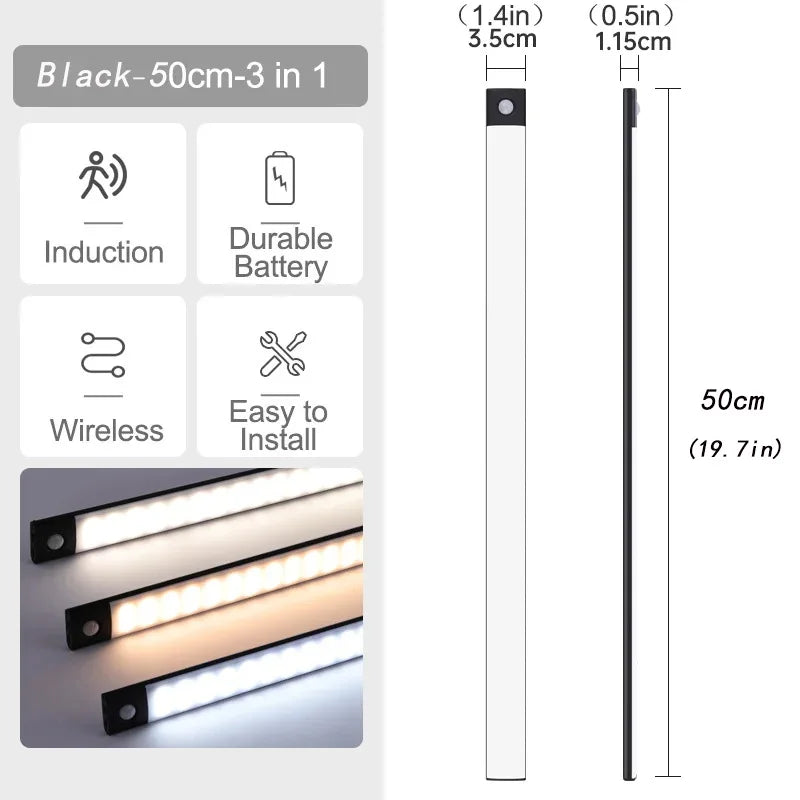 10-60CM Motion Sensor LED Night Light Wireless USB Rechargeable Under Cabinet Lights Ultra Thin Long Bar Lamp Kitchen Bedside