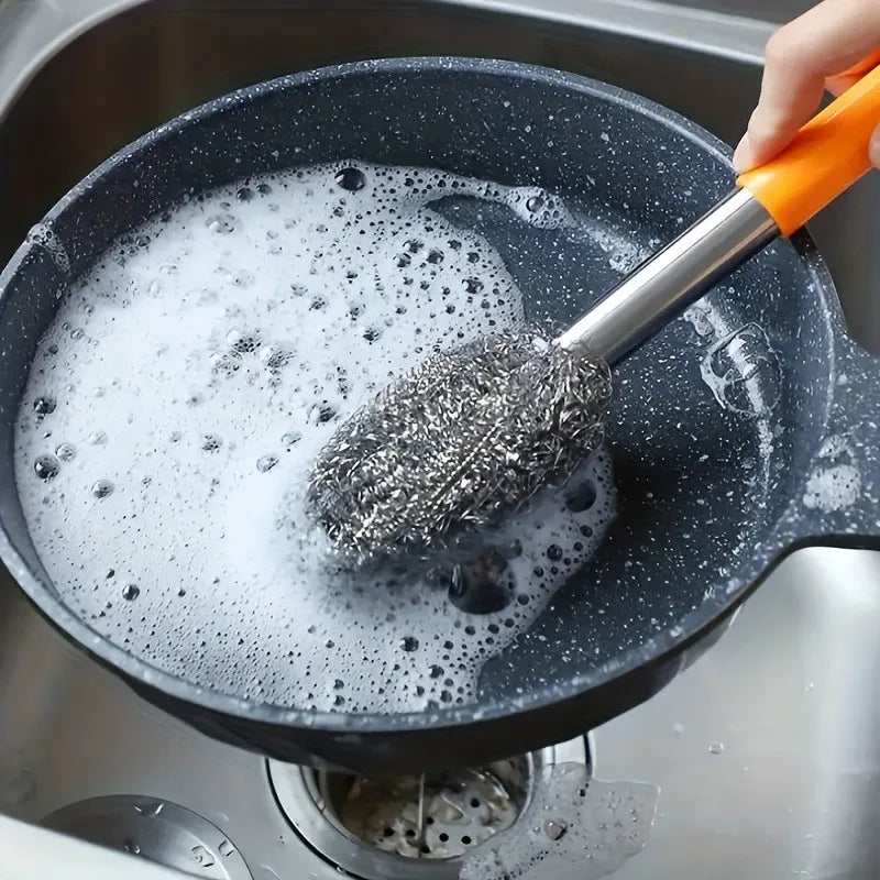 1pc Random Color Stainless Steel Brush, Ergonomic Extended Handle, Durable Easy Clean for Bathroom & Indoor Floors.