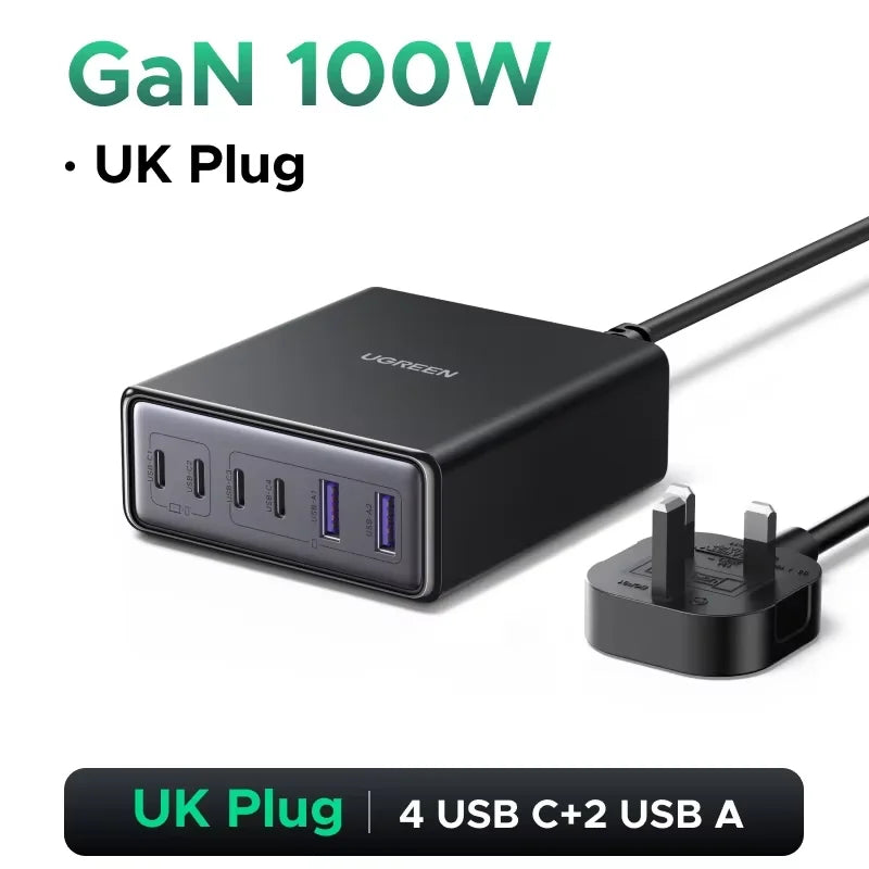 UGREEN 100W 65W GaN Charger 6 in 1 Desktop Laptop Fast Charger For iPhone18 17 16 Pro Max Xiaomi Samsung Tablet Macbook Air iPad