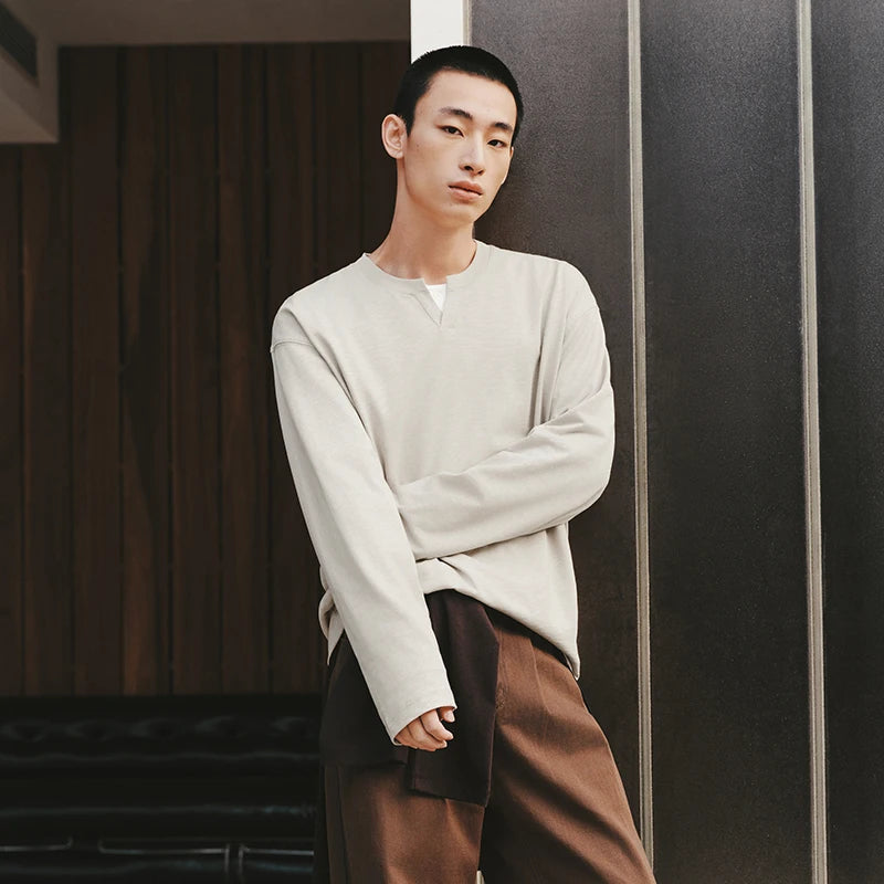 Semir Versatile Tshirt Men 2026 Spring Solid Color Small V Neck Loose Commute Basic Casual Comfortable Inner Layer Top