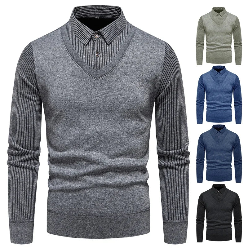 All Season Male Fake Two Piece Long Sleeve Top V Neck Fake Waistcoat Stripe Detail Lapel Collar Embroidered Decor