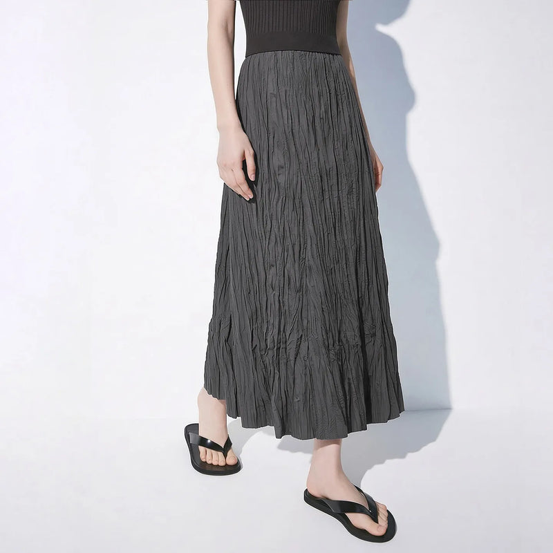 Amii Pleated Women's Skirt 2026 Summer New Elastic Waist Flowy A-Line Midi Skirt Casual Versatile Women's Clothing 12622123