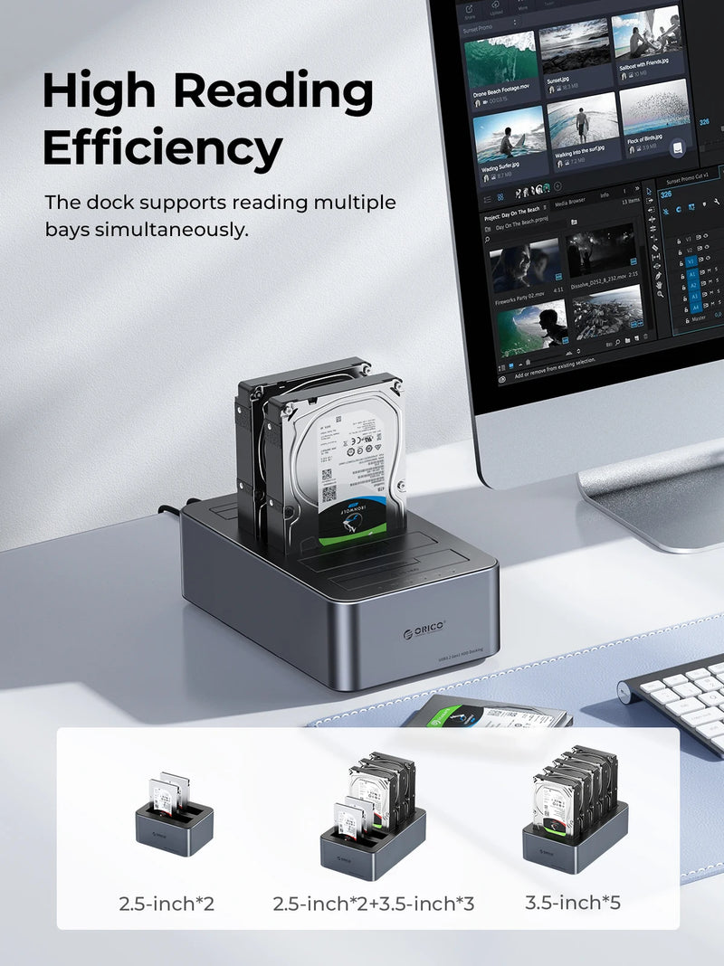 ORICO Type-C 5Gbps 4/5 Bay HDD Case Hard Drive Station Aluminum with Offline Clone 2.5/3.5" HDD Case Heat Dissipation Stronger