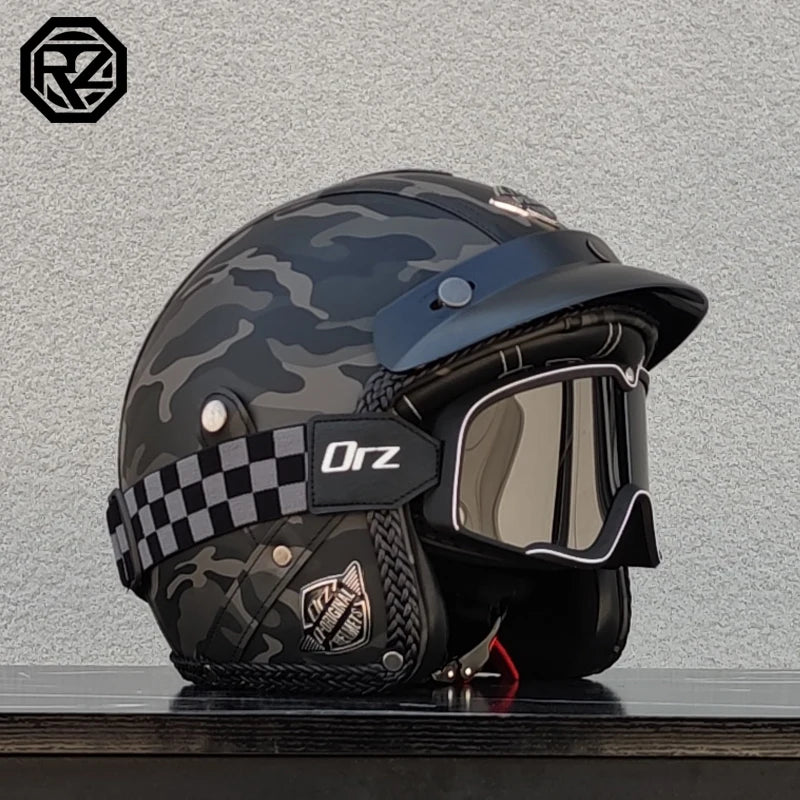 【ORZ】Retro Leather 3/4 Open Face Motorcycle Helmet, PU Leather Shell Cafe Racer Scooter Motorbike Half Helmet for Men Women