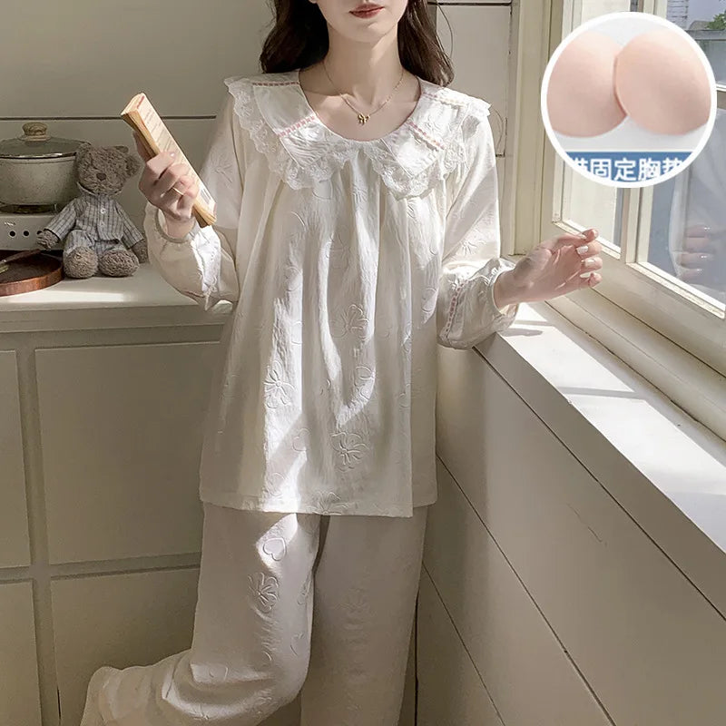 Korean Casual Women's Pajamas Set Sweet Cotton Nightwear Spring Autumn Sleepwear For Sleeping Bra Pad Home Suit For Women