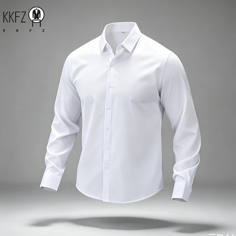 Mens Slim Fit Collared Long Sleeve Shirt Full Button Front Elastic Texture All Match Workplace Leisure Outer Garment