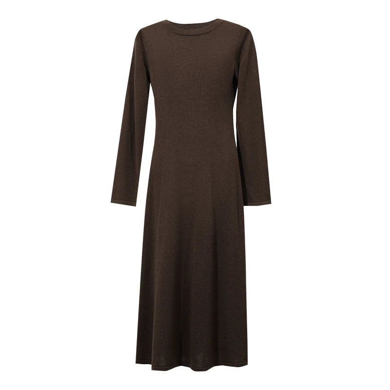 Amii Women's A-Line Midi Knit Dress Long Sleeve Crew Neck Slim Fit Minimalist Commuter Autumn Elegant Dresses for Women 12623023