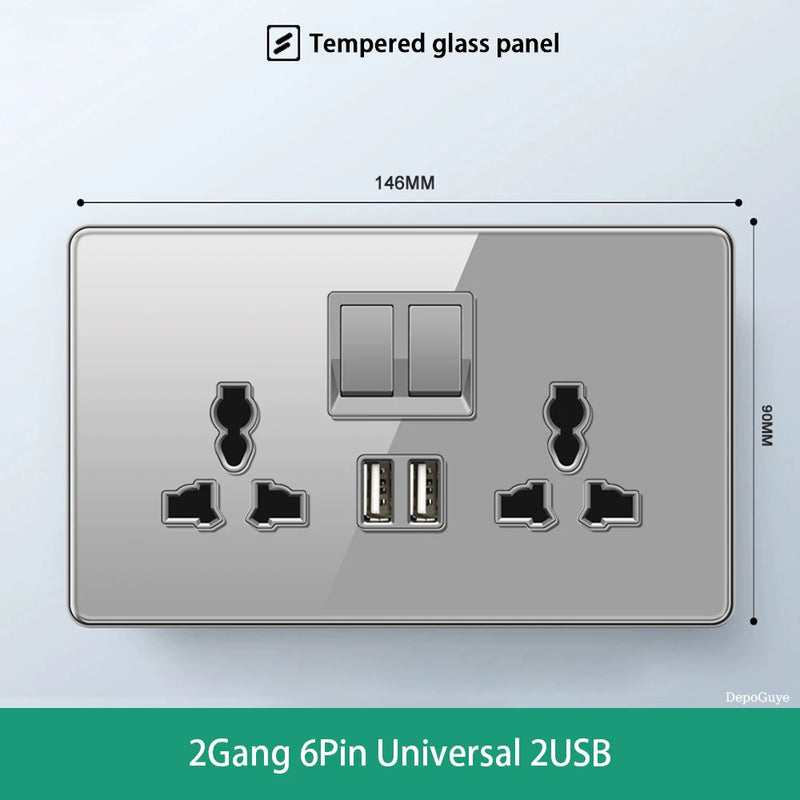 Deluxe Grey Tempered Glass Panel UK 13A Plug Electrical Socket, Double 5 Pin Socket and Switch, EU Universal USB C Wall Socket