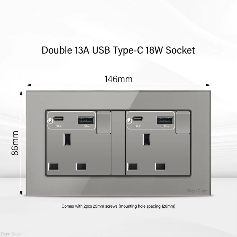 Grey UK 13A Tempered Glass USB Type C 18W Quick Charge Socket,Dual Universal Power Outlet,Home Light Electric Switch Panel