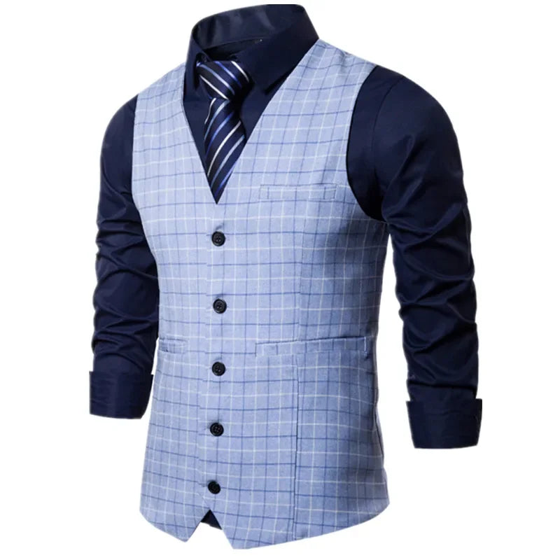 2026 Men's Blue Plaid Sleeveless Vest, Single Breasted V-Neck Suit Vests,Wedding/Party/Business/Office Waistcoat, Europe Size