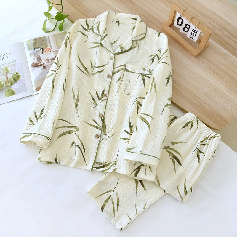 2026 Spring and Autumn Women's Pajama Set 100% Cotton Crepe Long sleeved Pants Two piece Cute and Sweet Ladies Home Fury Set