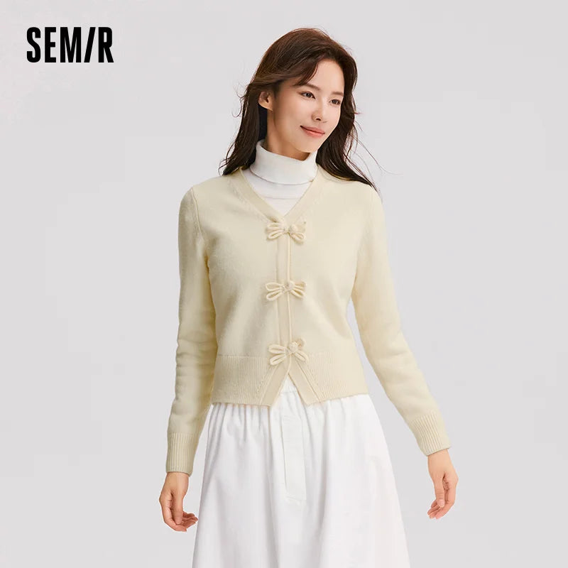 Semir Women Cardigan Bow Toggle V Neck Soft Knit Slim Fit Cropped Sweater 2026 Vintage Everyday Layering Knitwear Top