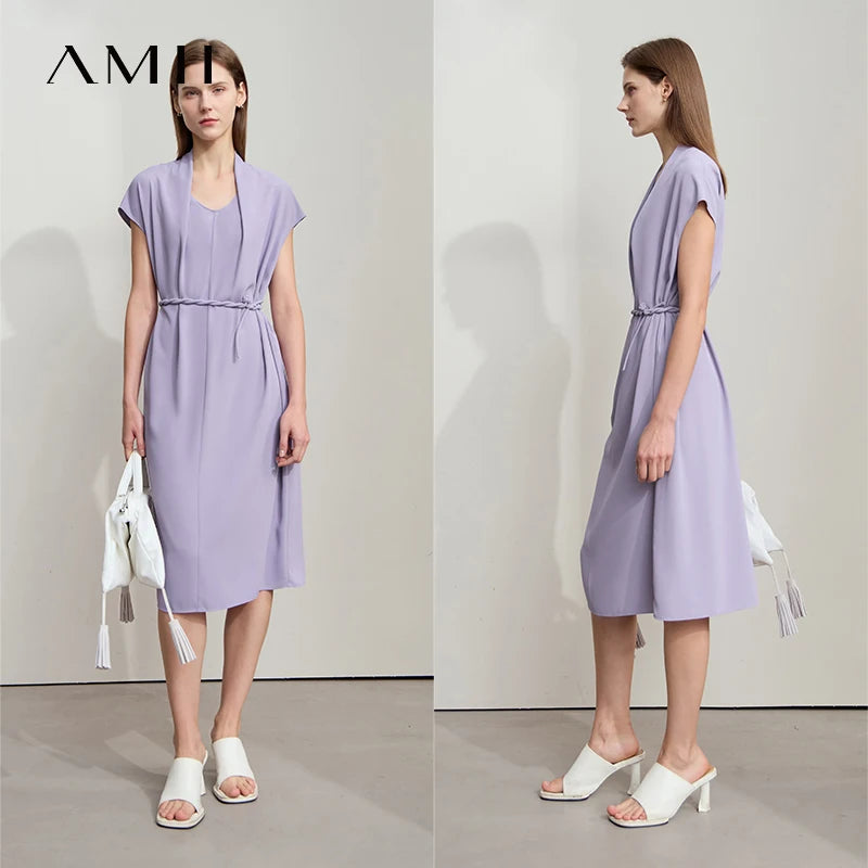 រ៉ូប AMII Minimalist Office Lady រាងផ្នត់ រដូវក្តៅ ឆ្នាំ២០២៥ ចង្កេះរលុង អាវក្រណាត់ Chiffon សម្រាប់នារី ដៃអាវធម្មតា ពណ៌ស រ៉ូប Midi 12522140