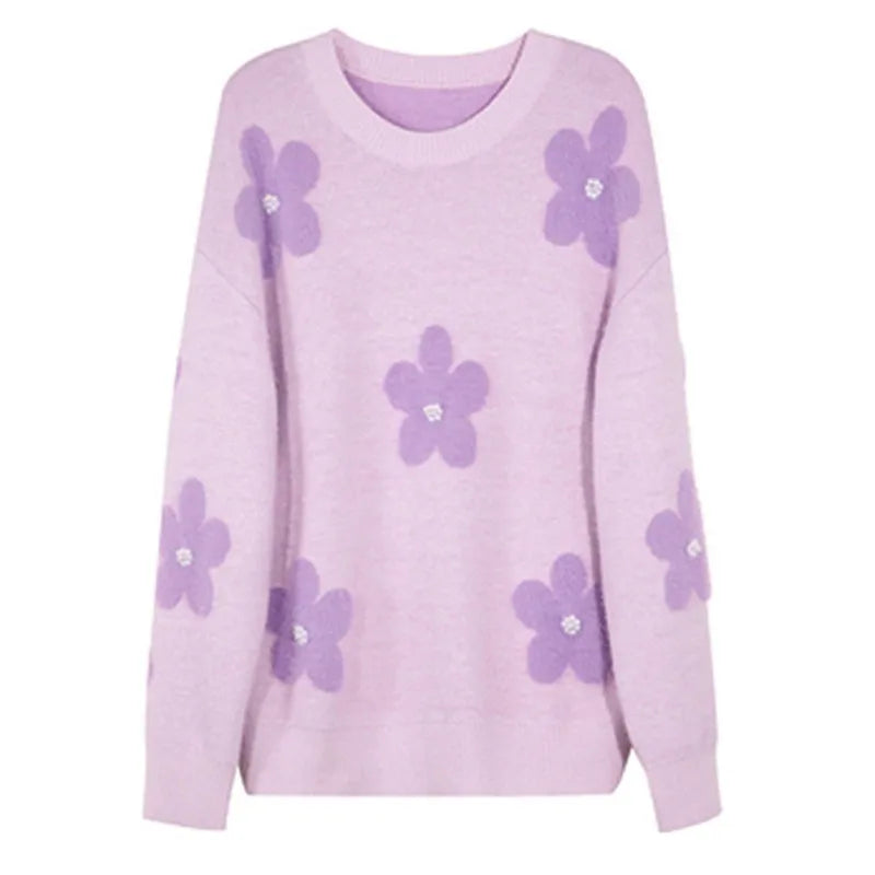 Lazy Wind Soft Glutinous Sweet Sweater Women's Autumn Winter New Korean Loose Beaded Flower Knitted Tops Ladies Pullover