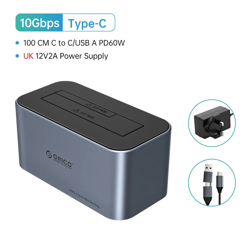 ORICO Aluminum Dual-bay Hard Drive Station Type-C 10Gbps with Offline Clone 2.5/3.5" HDD Case Heat Dissipation Stronger