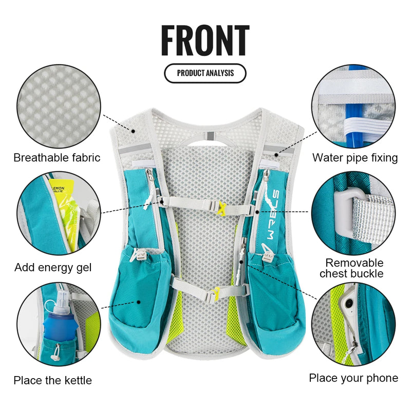 WRELS Hydration Running Vest Backpack Pack 5L Women Men Jogging Trail Race Marathon Cycling Hiking Lightweight Running Backpack
