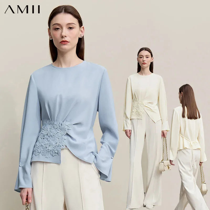 អាវស្រី Amii រដូវស្លឹកឈើជ្រុះឆ្នាំ ២០២៦ អាវដៃវែងឆើតឆាយសម្រាប់ធ្វើដំណើរទៅធ្វើការ កអាវរាងមូល ចរ អាវ chiffon រលុង សម្លៀកបំពាក់ស្ត្រី 12681001