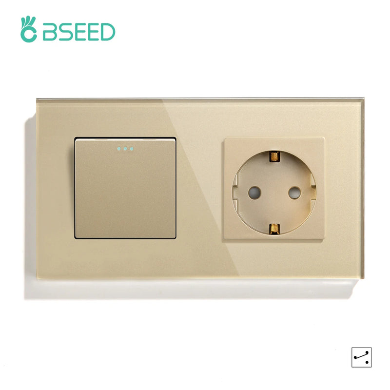 BSEED Mechanical Light Switch Wall Socket Glass Frame 1/2/3Gang 2Way Wall Switch Power Outlet Button Switches Wall Socket