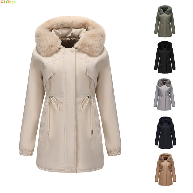 Women's Beige Mid-length Thick Jacket, Blue Knee-length Parka, Fitted Fur-trim Casual Overcoat, Stylish and Warm Trench Coat.