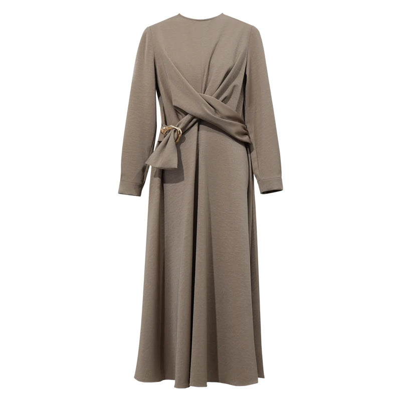 Amii Women's Casual Dresses 2026 Autumn New O-Neck Satin Long Sleeve Elegant D-ring Belt Slim A-Line Dresses For Woman 12643006