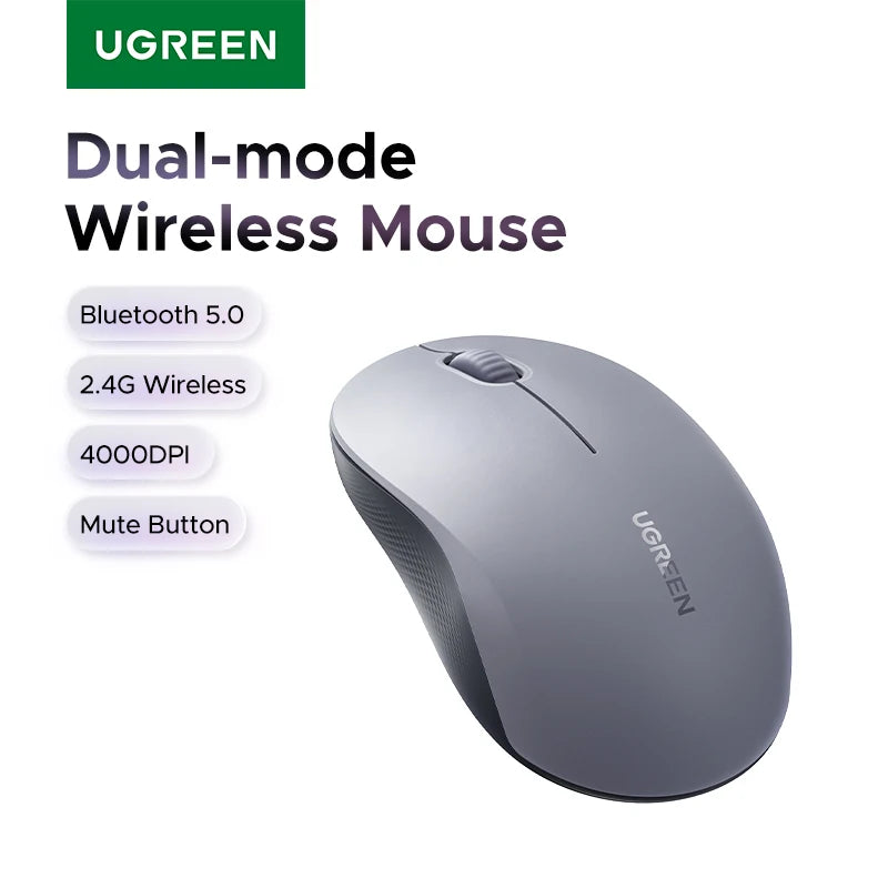 UGREEN Wireless Mouse 2.4G & Bluetooth Dual Mode, 4000DPI 4-Level Adjustable, Silent Click, Portable Ergonomic Mouse for Laptop