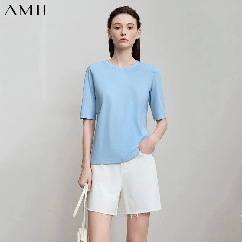 AMII Minimalism 2026 Summer T-shirts For Women New Cotton Stretch Half Sleeve Straight Solid Basics Office Lady Tops 12522172