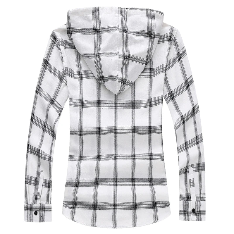 2026 New Men's White Plaid Hooded Shirt, Single Breasted, Long Sleeve Shirts, Black Fashion, Casual Tops