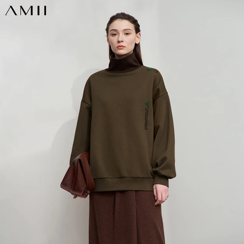 AMII Minimalist 2026 Autumn Embroidery Sweatshirt Women Loose Spliced Pullovers Tops Turtleneck Velvet Sweatshirt 12443255