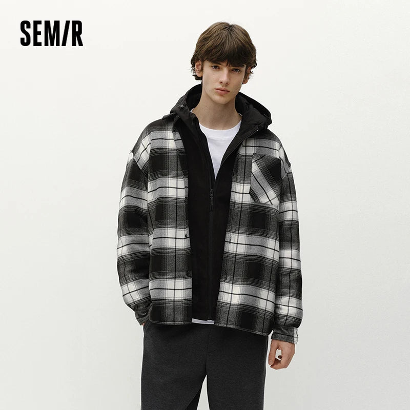 Semir Men Shirt Fleece Lined Plaid Pattern Long Sleeve Loose Fit 2026 Winter Casual Style Layering Wear Everyday Look