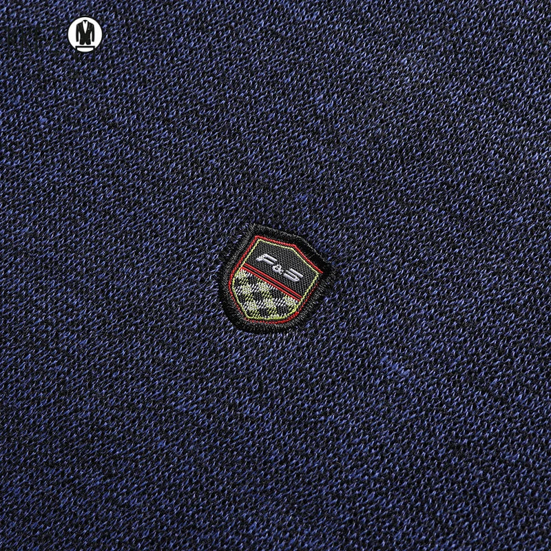 Windproof Men Plain Knitted Sweater Stretch Rib Trim Small Shield Badge Fleece Lined Office Casual Long Sleeve Top