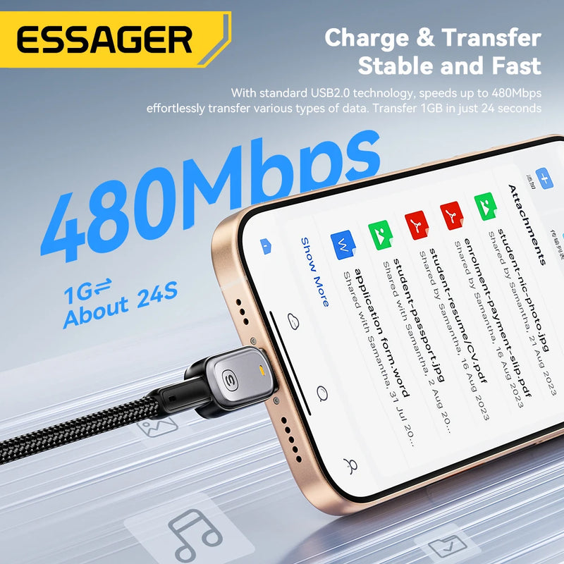 ខ្សែសាក Essager LED 100W ប្រភេទ C ទៅប្រភេទ C សម្រាប់ iPhone 16 15 Xiaomi Huawei 5A/3A PD សាកថ្មលឿនសម្រាប់ Macbook iPad Pro ថេប្លេត កុំព្យូទ័រយួរដៃ