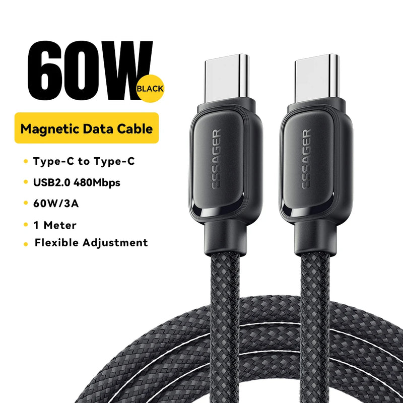 ខ្សែសាកទិន្នន័យ Essager 100W ម៉ាញេទិកដែលអាចដកថយបានលឿន ប្រភេទ C ទៅប្រភេទ C សម្រាប់សាក iPhone 17 16 15 Pro សម្រាប់ MacBook Samsung