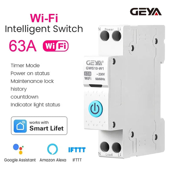 ឧបករណ៍បំបែកសៀគ្វីឆ្លាតវៃ GEYA WiFi/ZigBee MCB ជាមួយនឹងរនាំង DIN 63A សម្រាប់កុងតាក់បញ្ជាពីចម្ងាយឥតខ្សែសម្រាប់ផ្ទះឆ្លាតវៃ ដោយកម្មវិធី Tuya