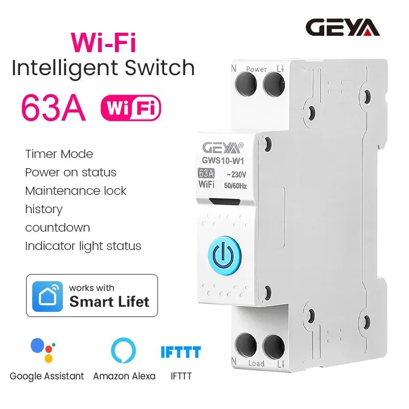ឧបករណ៍បំបែកសៀគ្វីឆ្លាតវៃ GEYA WiFi/ZigBee MCB ជាមួយនឹងរនាំង DIN 63A សម្រាប់កុងតាក់បញ្ជាពីចម្ងាយឥតខ្សែសម្រាប់ផ្ទះឆ្លាតវៃ ដោយកម្មវិធី Tuya