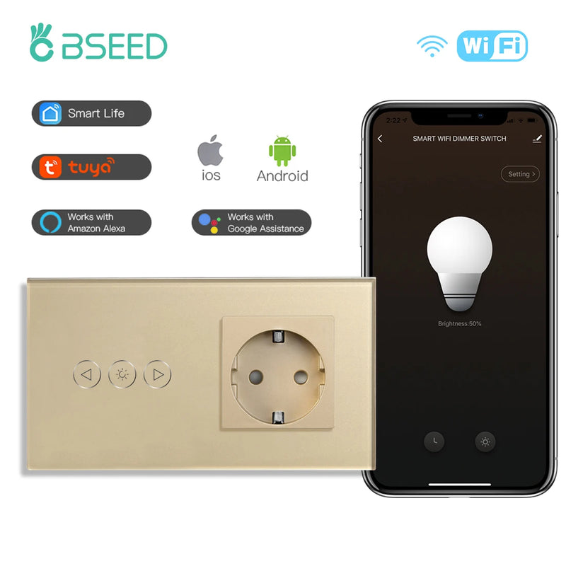 BSEED Wifi Dimmer Switch Smart Dimmable Touch Switch With EU Socket Glass Panel Support Tuya Smart Life Google Home Control