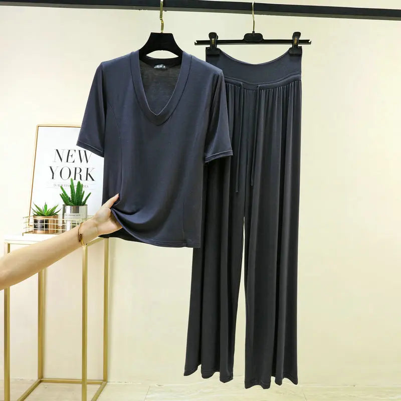 Soft Modal Sleepwear Women's Summer Pajamas Thin T Shirt Wide Leg Pants Set Loose Large Size Home Clothes  M-6XL Pijamas
