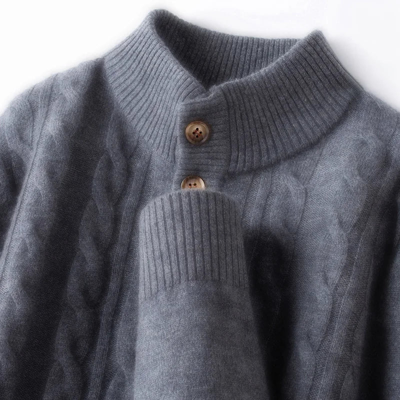 470g Premium Cashmere Blend Sweater Men's, 95.5% Sheep's Wool, 4.5% Cashmere Thickened, High-Neck Button Design, 3 Colors